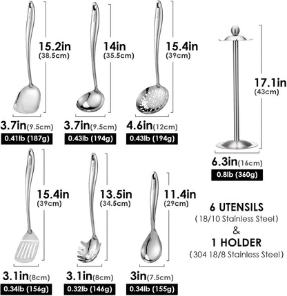 18/10 Stainless Steel Cooking Utensils Set with Holder, 7-Pieces All Metal Kitchen Utensils, 15’’ Kitchen Tools with Countertop Rotating Stand, Spatula, Ladle, Skimmer, Tunner, Pasta, Large Spoon3