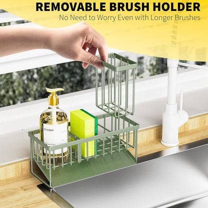 Kitchen Sink Caddy, Sponge Holder for Kitchen Sink, Kitchen Sink Organzier and Storage with High Brush Holder, 304 Stainless Gadgets Sink Accessories, Organizadores De Cocina Sage Green4