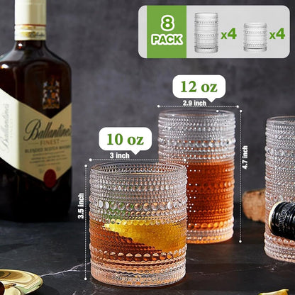 Vintage Hobnail Drinking Glasses Set of 8, 12 Oz Highball Glasses & 10 Oz Cocktail Glasses Set, Kitchen Water Glasses Cup, Bar Tumbler Glassware Set for Beer, Juice, Cocktail, Whiskey, Milk3
