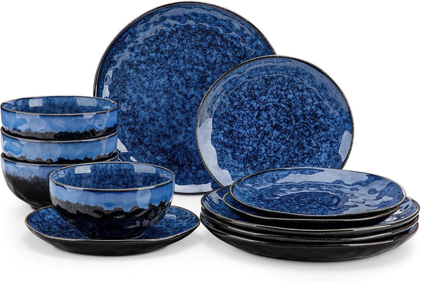 Starry 12 Pcs Dinnerware Set for 4, Handmade Reactive Glaze, Blue1