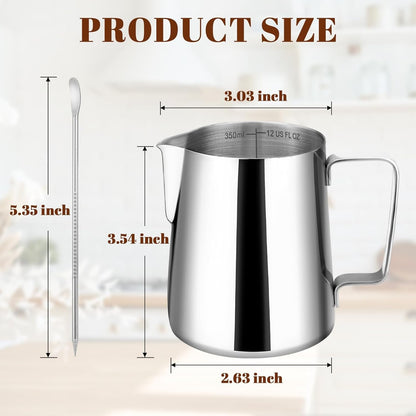 Milk Frothing Pitcher 12Oz Frother Cup Barista Tools, Silver | 18/8 Stainless Steel, 12Oz Capacity with Clear Scale, with Decorating Pen, Ergonomic Handle, for Cappuccino, Latte & Espresso2