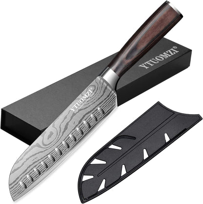 7" Santoku Knife with Blade Guard, Hollow Edge Chef'S Santoku Knife 7-Inch Stainless Steel Japanese Chefs Knife for Kitchen Vegetables Fruits Meat, Ergonomic Pakkawood Handle, Gift Box1