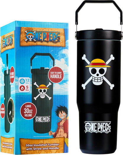 One Piece Tumbler with Straw 30Oz Kids Teens Insulated Cup with Lid Handle Travel Mug Cups with Lids for School Sports Anime Gifts for Kids (Black One Piece)1
