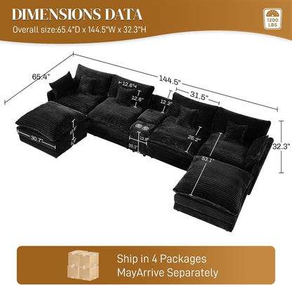 145" Cloud Couch Oversized U Shaped Jet Black Sectional Couches for Living Room, Big Fluffy Comfy Soft Corduroy Couch Sectionals, Modular Sectional Sofa with Ottoman & Central Console2
