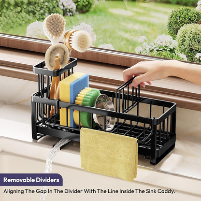 Sponge Holder for Kitchen Sink - Sink Caddy with Brush Holder Self-Draining Sponge Caddy Organizer with Divider Stainless Steel Kitchen Accessories Storage for Countertop, Black4