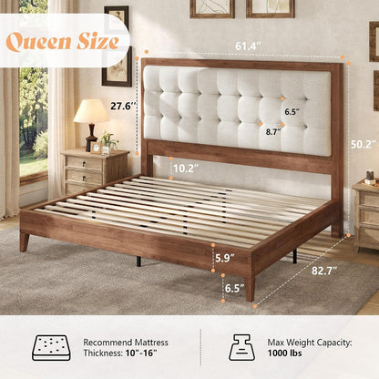 Solid Wood Queen Bed Frame 50.2" Upholstered Headboard, Walnut2