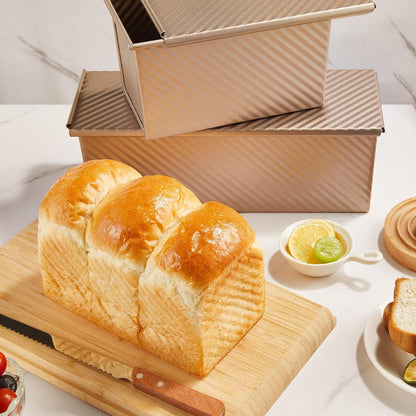 Pullman Loaf Pan with Lid, 1 Lb Dough Capacity Non-Stick Bakeware for Baking Bread, Carbon Steel Corrugated Bread Toast Box Mold with Cover for Baking Bread, Gold2