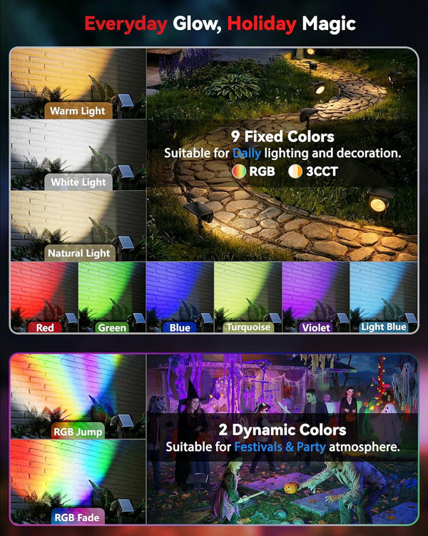 Focusing Solar Spot Lights Outdoor Waterproof, RGB+3CCT Tree Uplights 4Pack4