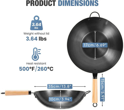 13.5" Carbon Steel Wok Pan, No Chemical Coating, Pre-Seasoned Flat Bottom Pow Wok for Family Meals and Camping, Compatible with Induction, Electric, Gas, Open Fire, Black3