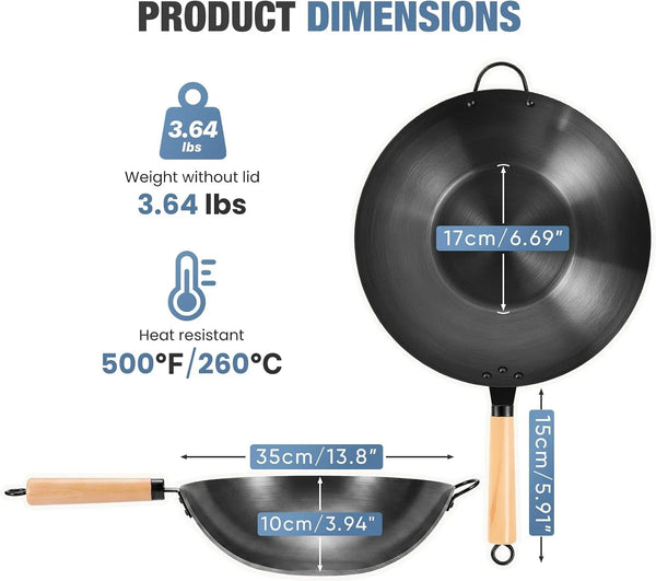 13.5" Carbon Steel Wok Pan, No Chemical Coating, Pre-Seasoned Flat Bottom Pow Wok for Family Meals and Camping, Compatible with Induction, Electric, Gas, Open Fire, Black3