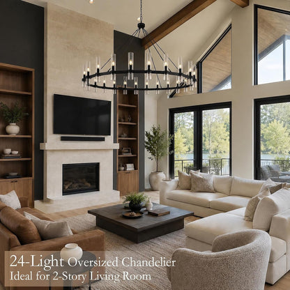 70" 24-Light Black Wagon Wheel Chandelier for High Ceilings Living Room2