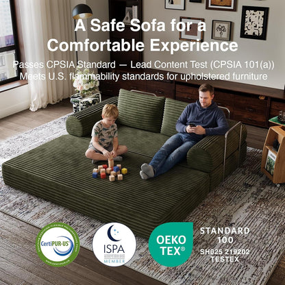 75" Convertible Futon Sofa Bed, Boneless Couch with Smarts Coil® Support & High-Density Foam, No Assembly Corduroy Folding Loveseat Floor Sleeper for Living Room, Apartment, Bedroom, Green15