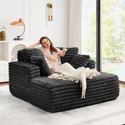 56" Oversized Chaise Lounge Chair Indoor,Plush Faux Fur Sleeper Sofa Couch Bed with Pillows&Wide Armrests,Fluffy Comfy Cloud Couch,Compression Foam Couch for Living Room,Bedroom(Black)5