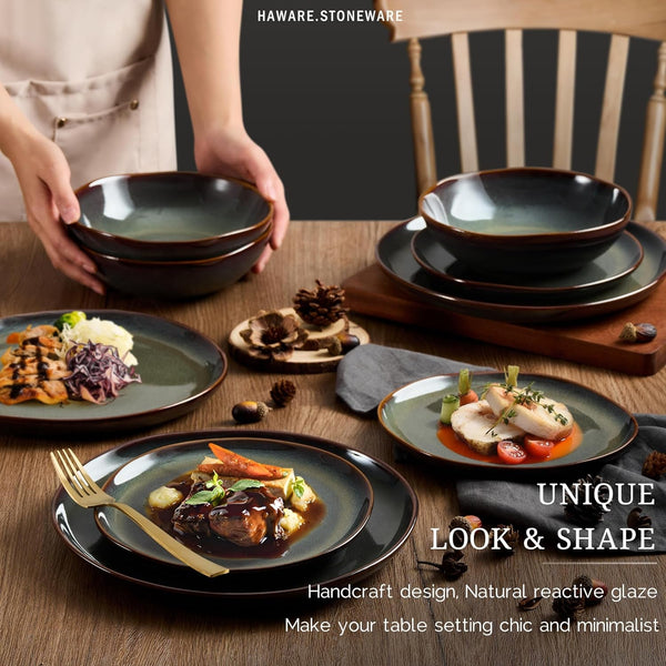 Plates and Bowls Set, Stoneware Dinnerware Sets, Reactive Moss Green3