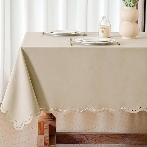 Beige Rectangle Tablecloth Scalloped Cutouts Waterproof Table Cover 55X843