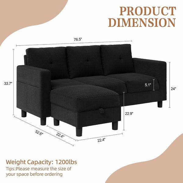Modern Upholstered Sectional Sofa, L-Shaped Couch with Storage Ottoman and Reversible Chaise for Living Room, Carbon Black Corduroy Fabric2