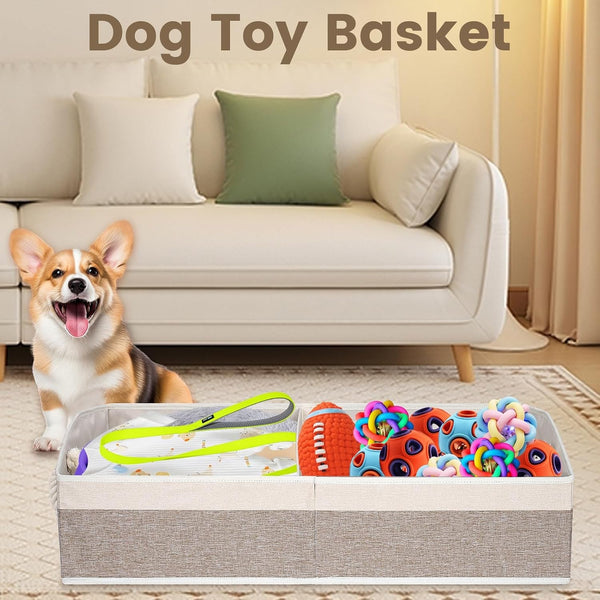 Large Dog Toy Basket with Handle, Foldable Dog Toy Box for Living Room Area , 28.5" Basket for Dog'S Supplies, Organizer and Storage with Hard Board, Anti-Slip for Pet Toys (Brown, Large 28.5"×15")6