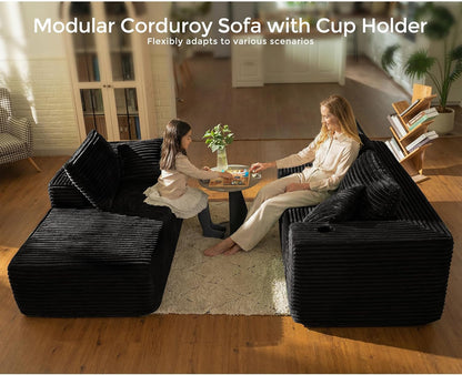 106" L Shaped Cloud Sectional Couch with Chaise, Corduroy Boneless Couch with Wide Armrests and Cup Holders for Living Room Bedroom, No Assembly Required (Black)4