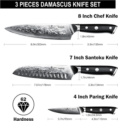 Damascus Knife Set, Japanese Super Steel 3 PCS Damascus High Carbon Professional Ultra-Sharp Kitchen Chef Knife Set with G10 Handle Gift Box2