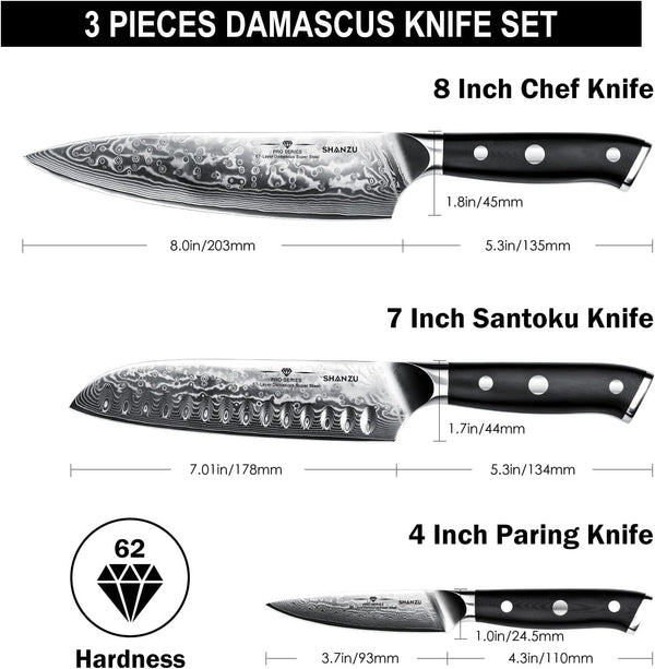 Damascus Knife Set, Japanese Super Steel 3 PCS Damascus High Carbon Professional Ultra-Sharp Kitchen Chef Knife Set with G10 Handle Gift Box2