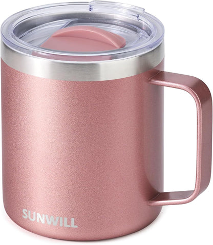 Travel Coffee Mug with Lid, Insulated Tumbler with Handle, 14 Oz Stainless Steel Cup for Ice, Water, Tea, Rose Gold1