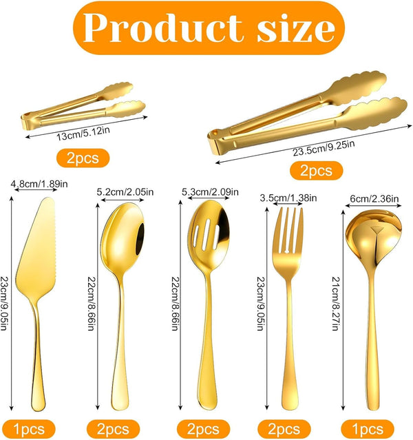 12 Pieces Gold Serving Utensils, Stainless Steel Cooking Utensils Set, Include Serving Spoons, Slotted, Spoons, Forks, 2 Sizes Tongs, Soup Ladle and Pie Cake Server for Kitchen Restaurants Buffet2