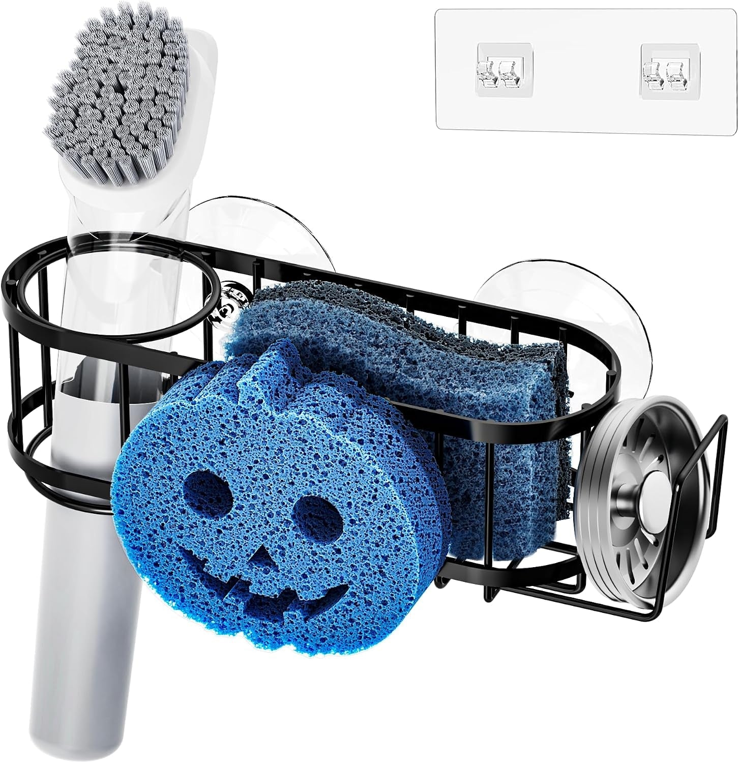 sponge-holder-smiley-face-sink-caddy-for-kitchen-sink-kitchen-organizer-sponge-holder-with-2-pcs-suction-cups-and-adhesive-strips-designed-for-sponge-soap-dish-brush-scrubber-black
