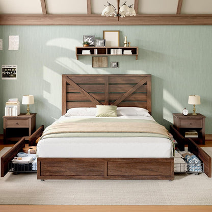 Queen Size Farmhouse Bed Frame with 4 Storage Drawers4