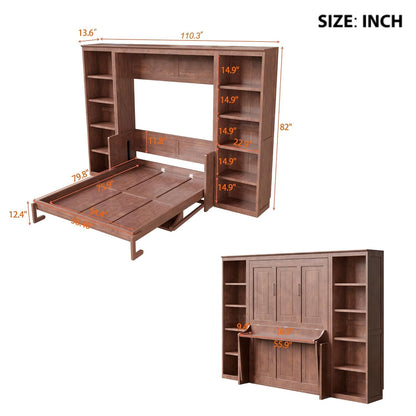 Murphy Bed Full Size,Space-Saving Hideaway Wall Bed with Desk and Bookshelf,Murphy Bed W/Slat Support,Bedroom Folding Bedframe for Guest Room,Dark Brown2