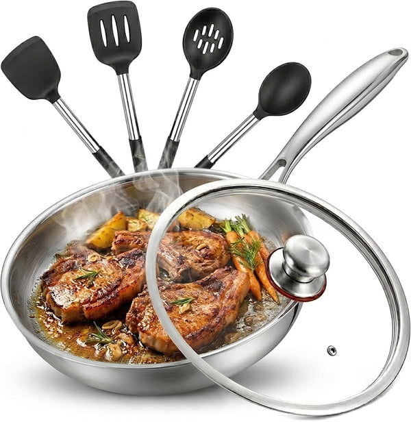 Titanium Frying Pan, Hammered Non-Stick Skillet with Glass Lid & 4 Spatulas, Pfas/Pfoa/Ptfe-Free, Tri-Ply Stainless Steel, Induction & Oven Safe, Dishwasher Safe Cookware1