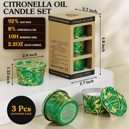 Citronella Candles Outdoor for Patio-3Pcs Natural Soy Wax Portable Citronella Oil Candles in Decorative Tins, Long Lasting Summer Essentials for Camping, Backyard BBQ, Gardening & Outdoor Dining2