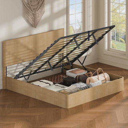 Fluted King Size Platform Bed Frame with Lift up Storage, Oak5