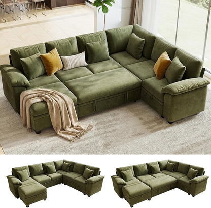 107.8" Modular Sectional Sleeper Sofa with Pull Out Bed, U Shaped 7 Seat Couch with 221L Storage, Convertible Cloud Couch Bed with Ottoman, Sectional Couches for Living Room, Apartment (Green)1