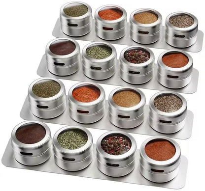 Set of 16 Magnetic Spice Tins with 4 Metal Wall-Plates,100 Preprinted Seasoning Label Stickers,2 Styles for 3 Oz Herb Jars1