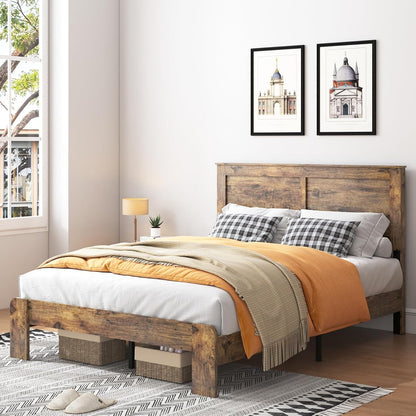 Wood Queen Bed Frame with Headboard, Vintage Brown3
