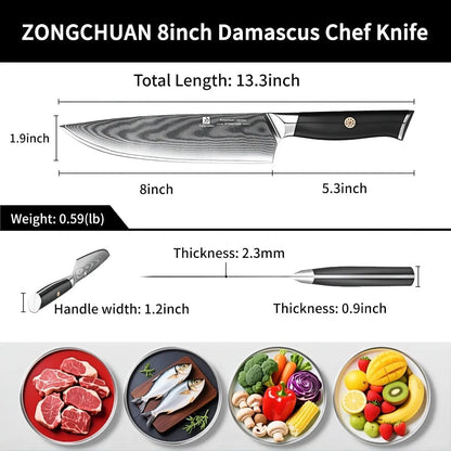 8-Inch Damascus Chef Knife, 67-Layer High Carbon Stainless Steel Kitchen Knife with Ergonomic G10 Handle, Protective Sheath & Gift Box for Home and Professional Use6