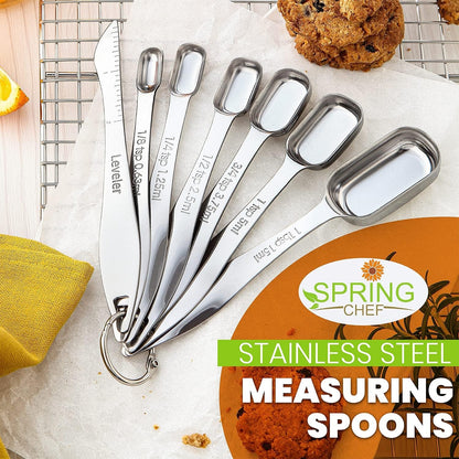 Nesting Stainless Steel Measuring Spoons Set of 7 with Leveler | Rectangular Metal Teaspoon & Tablespoon Measuring Spoons for Dry & Liquid Ingredients, Fits in Spice Jars, Long Handle2