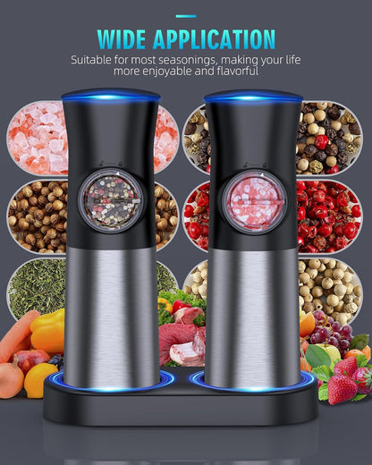 Gravity Electric Salt and Pepper Grinder Set, USB Rechargeable Automatic Salt and Pepper Grinders with Charging Base, Adjustable Coarseness, One-Handed Operation, LED Light, Stainless Steel6