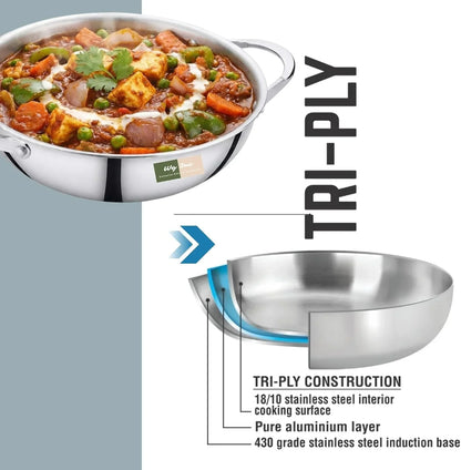 Stainless Steel Wok, Tri-Ply Wok Pan 12 Inch, Kadhai without Lid, Triply Non Stick Kadai Cookware, Wide & Deep Stir Fry Woks for Cooking, All Cooktops Compatible, Dishwasher Safe3