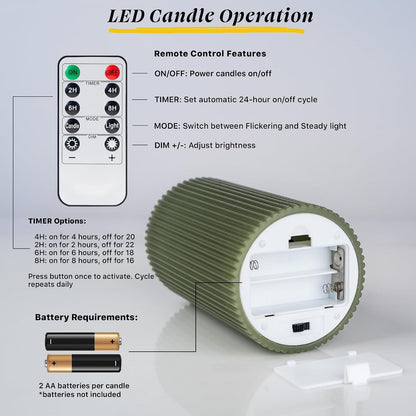 Ribbed Fluted Real Wax Flameless LED Pillar Candles, Loden Sage Olive Green, Melted-Wax Top Look, Flickering Flame, Battery Operated, Remote & Timer, Shelf & Wedding Decor (Set of 3)5