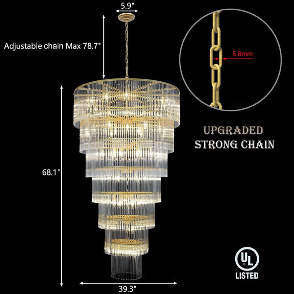 Large Gold Chandeliers H68 Modern High Ceiling Chandelier 7-Tier Glass Chandelier Foyer Entryway Ceiling Light Fixture for Staircase Grand Living Room Entry Extra Long4