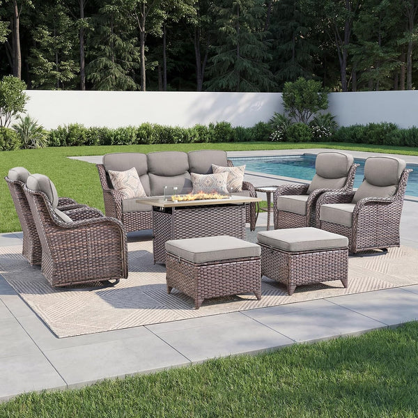 Luxury Patio Furniture Set with 6-Inch Thick Cushion, Outdoor Furniture with Fire Pit Table, Swivel Chairs, Sofa, Side Table, Ottomans, 9Pcs Wicker Conversation Set(Brown Wicker/Grey Cushion)6