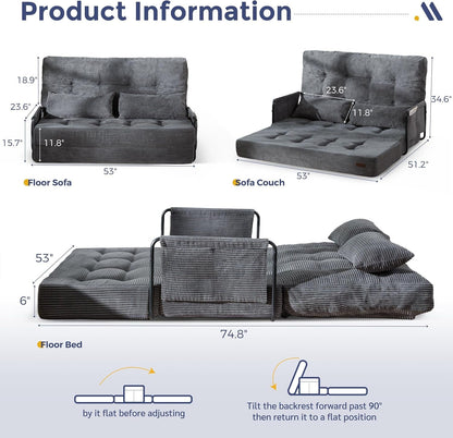 Adjustable Folding Sofa Bed Couch with 2 Pillows, Dark Grey2