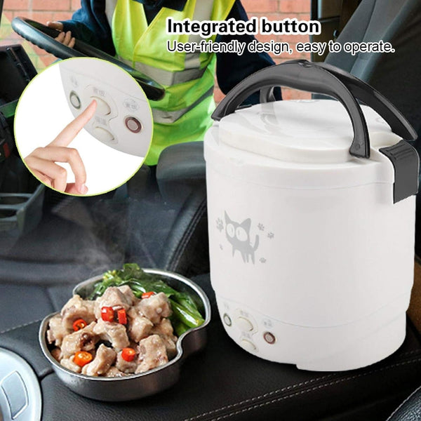 Mini Rice Cooker, 12V 100W 1L Portable Electric Multifunctional Rice Cooker Food Steamer Meal Heater Food Warmer for Travel (White)2