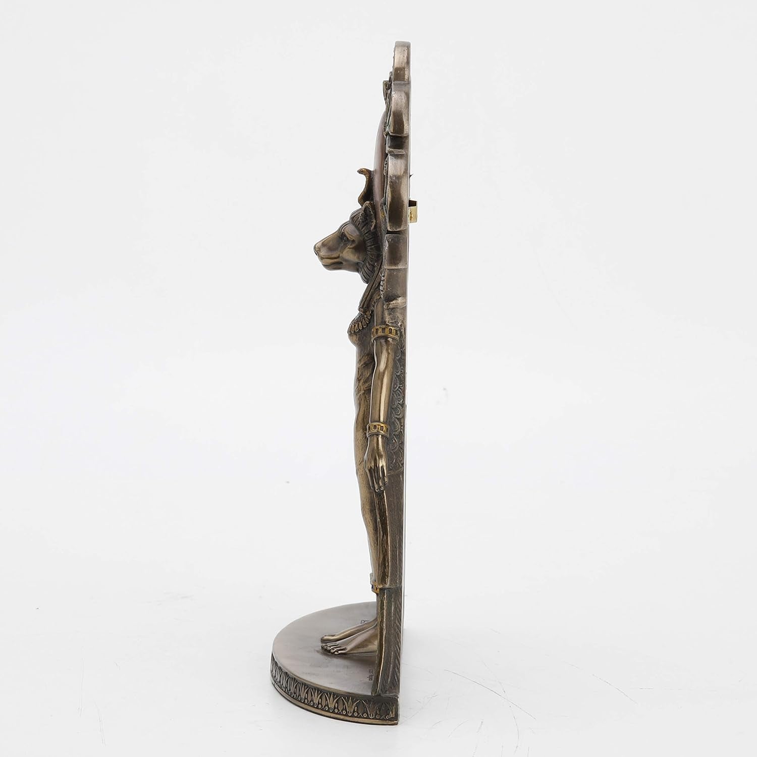 sekhmet-winged-egyptian-warrior-goddess-wall-art-statue-cold-cast-bronze-resin-blue-and-red-accents-lion-head-keyhole-hanger-for-wall-display