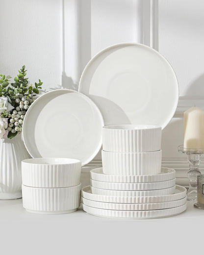 Porcelain 12 Pieces Plates and Bowls Set, Dinnerware Set for 45