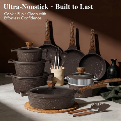 26PCS Pots and Pans Set Non Stick, Nonstick Cookware Sets, Induction Cook Ware, Includes Steamer & Silicone Utensils, Housewarming Gift, Kitchen Cooking Sets W/Frying Pan (PFOS, PFOA Free)8