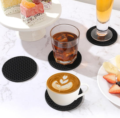 8-Pack Silicone Drink Coasters with Holder, Non-Slip Coaster Set for Coffee Table, Kitchen & Office, Protect Furniture from Water Rings, Heat & Spills, Black3