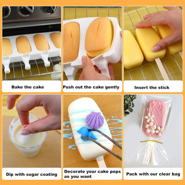 Cake Pop Mold Kit, Cakesicle Molds Silicone with Wooden Sticks & Bags | 2 Pack 8 Cavities Cake Pop Maker Supplies Accessories, Baking Tools for Home Baking Desserts Parties, Food-Grade Silicone4