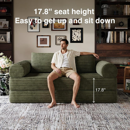 75" Convertible Futon Sofa Bed, Boneless Couch with Smarts Coil® Support & High-Density Foam, No Assembly Corduroy Folding Loveseat Floor Sleeper for Living Room, Apartment, Bedroom, Green4
